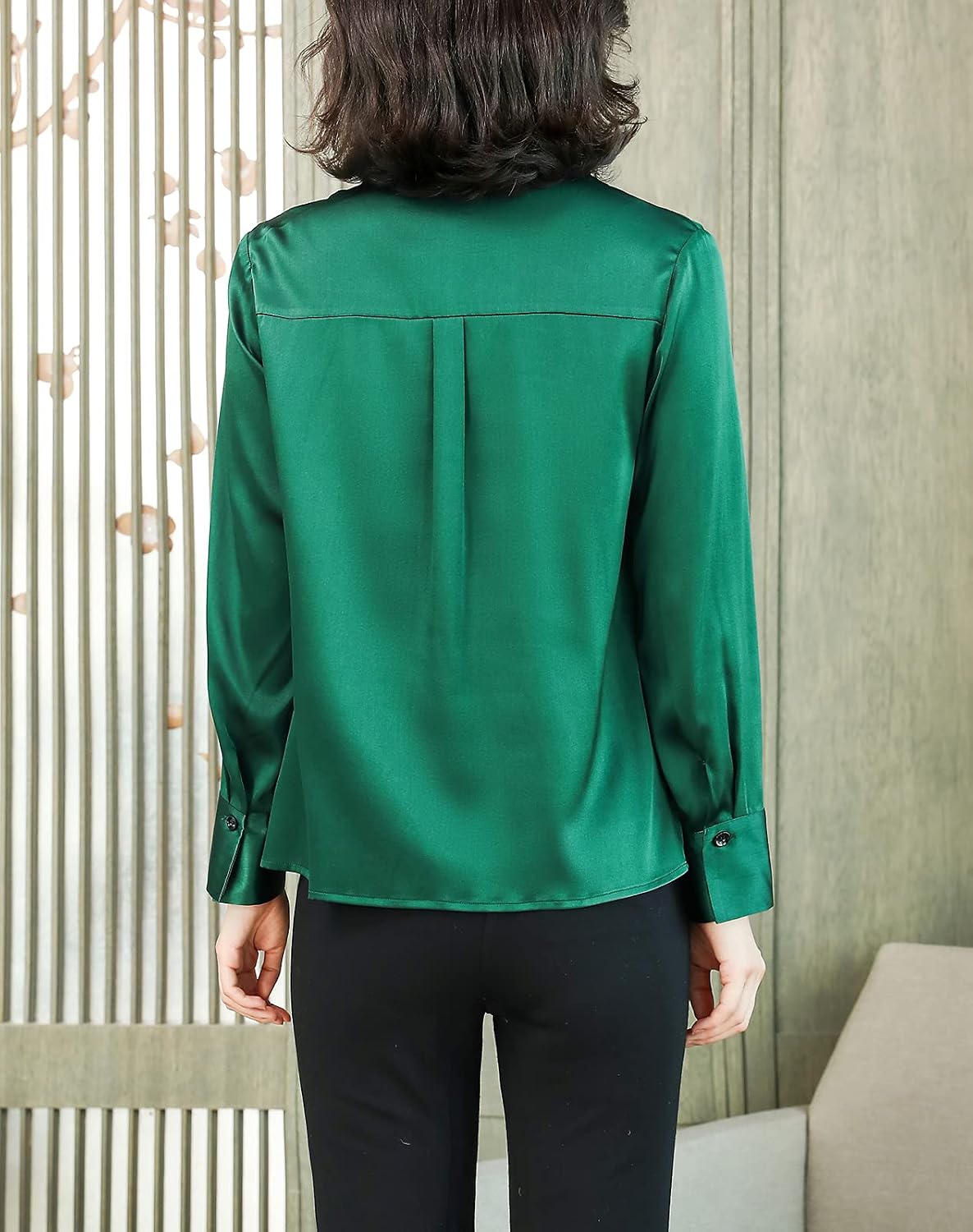 Chemise Soie Devant Plissé Col Revers Boutons Contrastés 38 Vert