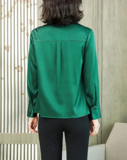 Chemise Soie Devant Plissé Col Revers Boutons Contrastés 38 Vert