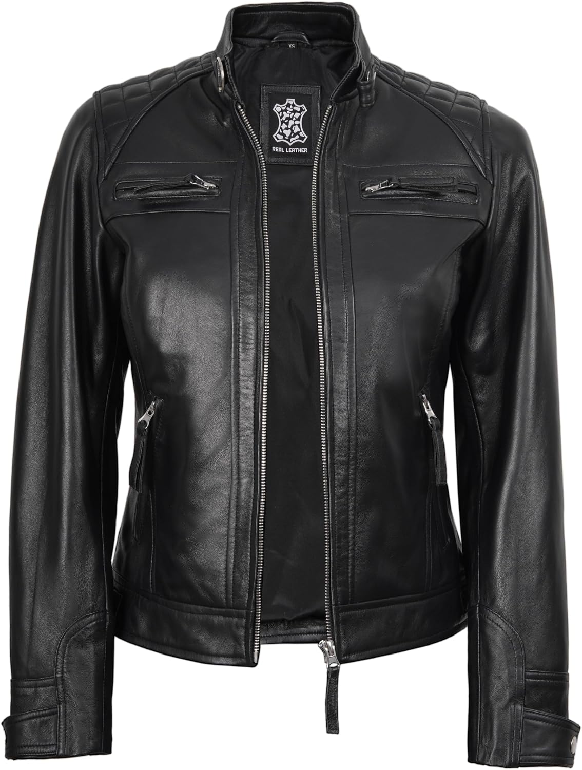 Fjackets Veste en cuir pour femme — Véritable peau d'agneau Cafe Racer Moto Biker, veste matelassée zippée pour femme XL Noir