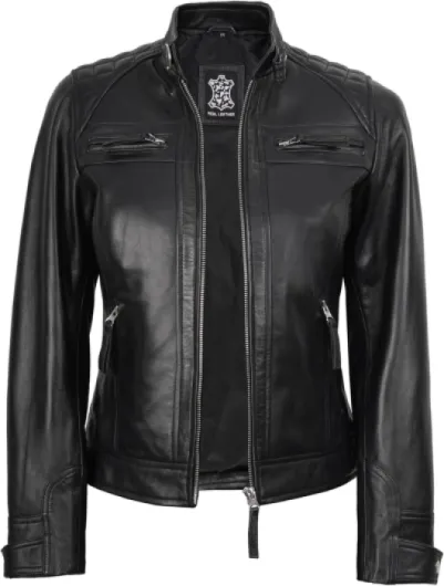 Fjackets Veste en cuir pour femme — Véritable peau d'agneau Cafe Racer Moto Biker, veste matelassée zippée pour femme XL Noir