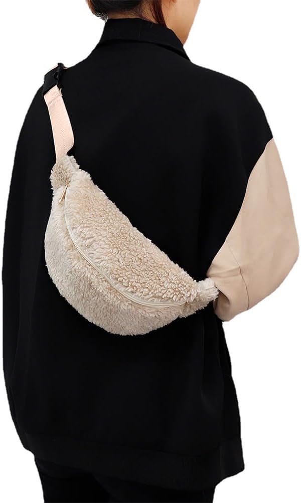 LYEAA Sac banane unisexe en fourrure avec fermeture éclair - Multifonctionnel - Pliable - Léger - Automne - Hiver - Usage quotidien, marron clair