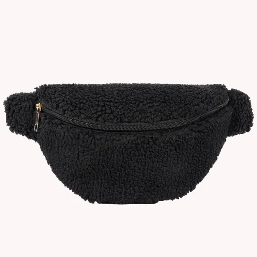 Kexpery Sac banane unisexe en fourrure avec fermeture éclair, sac à bandoulière moelleux, tendance, multifonctionnel, pliable, léger, pour filles et garçons, Noir , Taille unique pour tous, Sportif