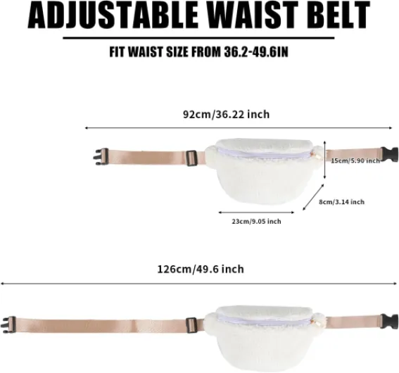 Sac Banane en Peluche pour Femme Sac de Taille à La Mode Sac de Taille Polyvalent et Décontracté Ceinture Ajustable Bumbags Sacs Banane Ville pour Filles,Femmes Voyage Quotidien (Blanc)