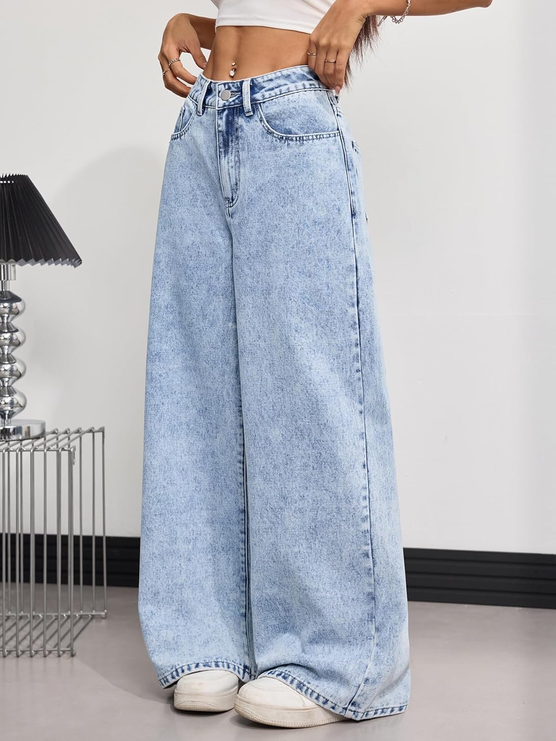 Pantalon Denim Baggy Femme Large Jambe Vintage Rétro Y2K 90s Laisé Streetwear Hip Hop D10 Bleu Clair XL