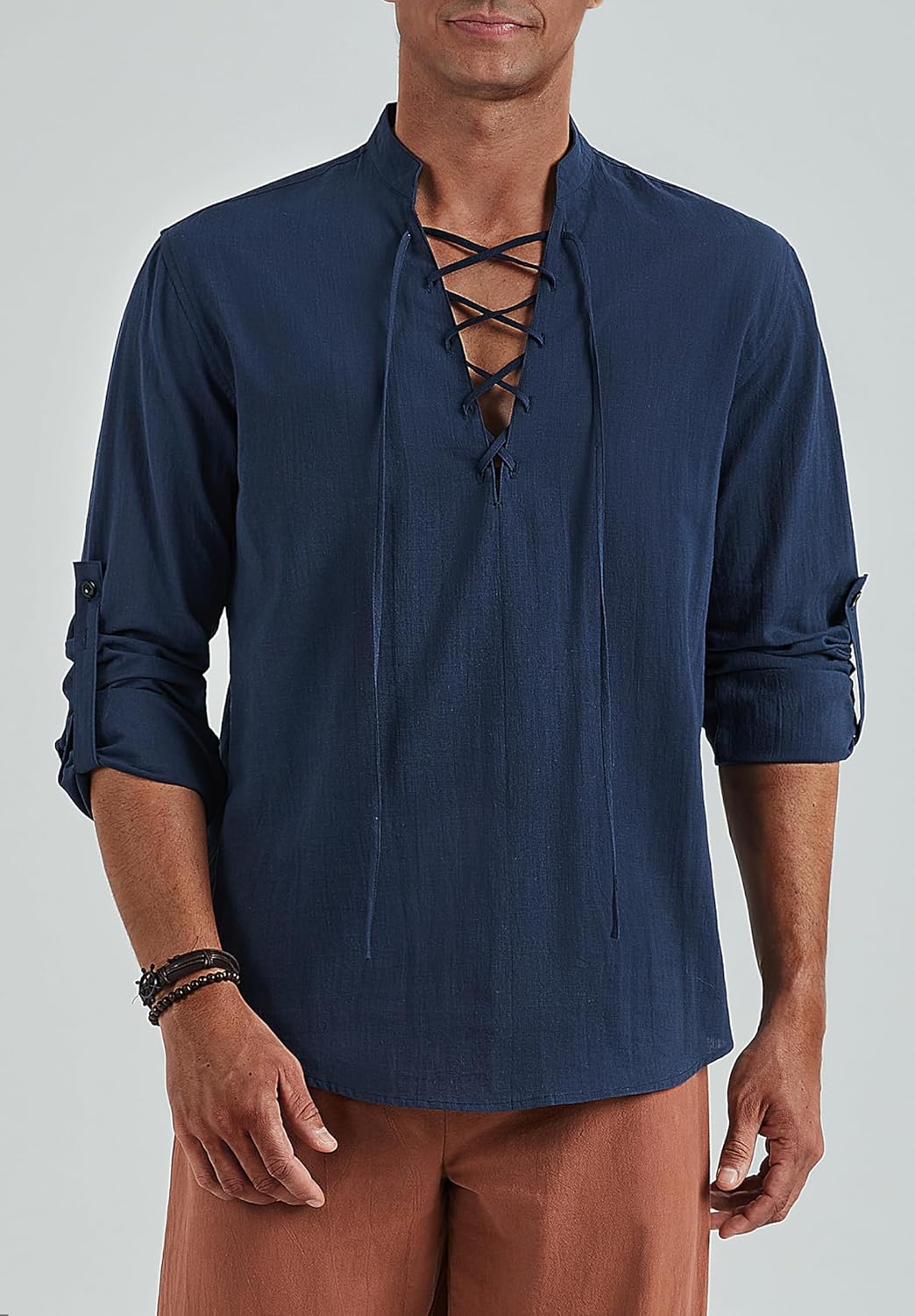 Chemise en Lin à Lacets pour Homme Costume Vintage médiéval décontracté à Manches Longues Viking Pirate Chemise L Bleu Marine