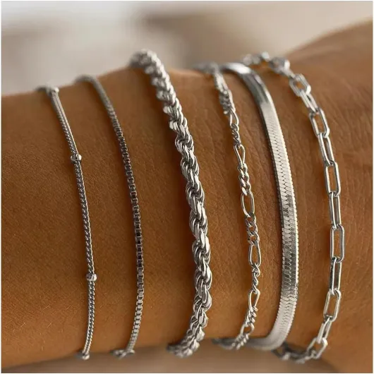 6 Pcs Bracelets Chaîne pour Femme, Bracelets Réglable Acier Inoxydable Femme Serpent Chaîne, Empilables Fantaisie Argent
