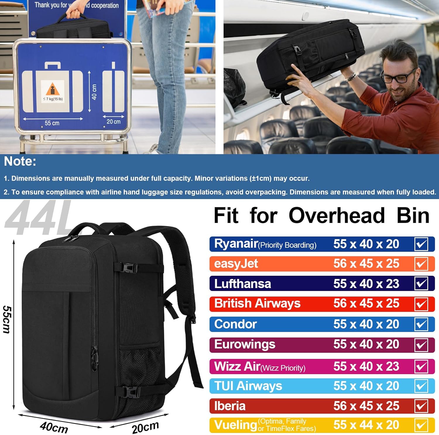 Bagage Cabine 55x40x20cm Grande Sac a Dos Voyage Cabine Avion 44L Femme Homme Bagage à Main Sac a Dos Cabine Valise Sac à Dos pour Ordinateur Portable 18.4Pouces, Noir 55x40x20cm-44L Noir