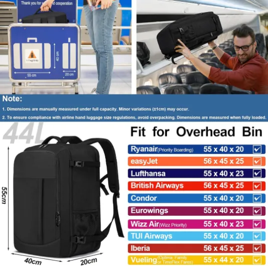 Bagage Cabine 55x40x20cm Grande Sac a Dos Voyage Cabine Avion 44L Femme Homme Bagage à Main Sac a Dos Cabine Valise Sac à Dos pour Ordinateur Portable 18.4Pouces, Noir 55x40x20cm-44L Noir