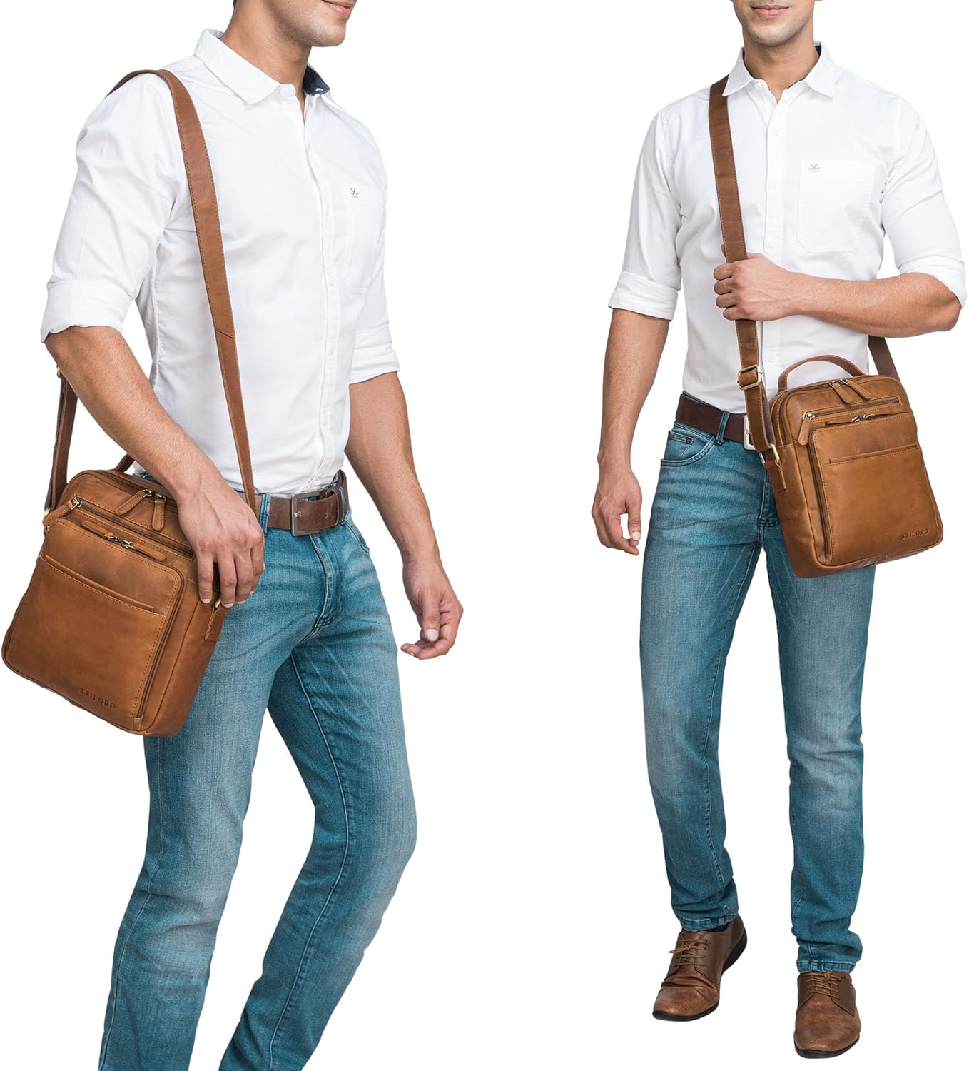 Ivan Sac à Main Mode pour Hommes en Cuir Premium Messenger Bag Sac à bandoulière en Cuir véritable Sac à bandoulière Couleur:Cognac Marron