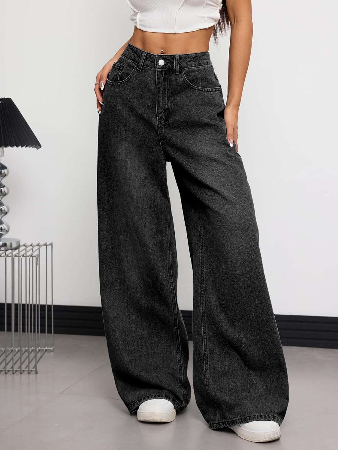 Pantalon Denim Baggy Femme Large Jambe Y2K Vintage 90s Hip Hop Laisé Streetwear Rétro E20 Noir M
