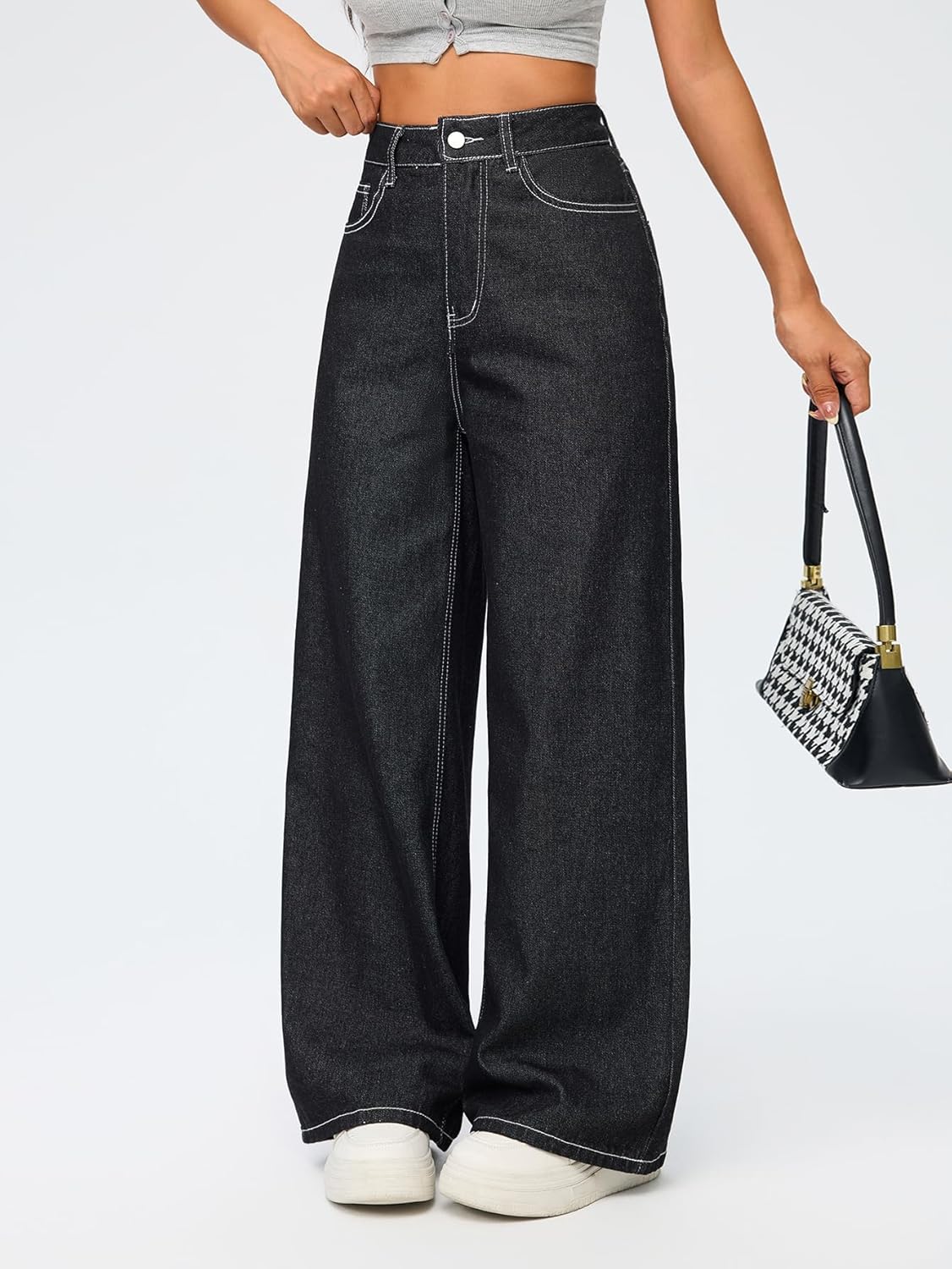 Pantalon Denim Baggy Femme Large Jambe Vintage Rétro Y2K 90s Laisé Streetwear Hip Hop F10 Noir XL