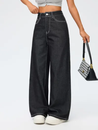 Pantalon Denim Baggy Femme Large Jambe Vintage Rétro Y2K 90s Laisé Streetwear Hip Hop F10 Noir XL