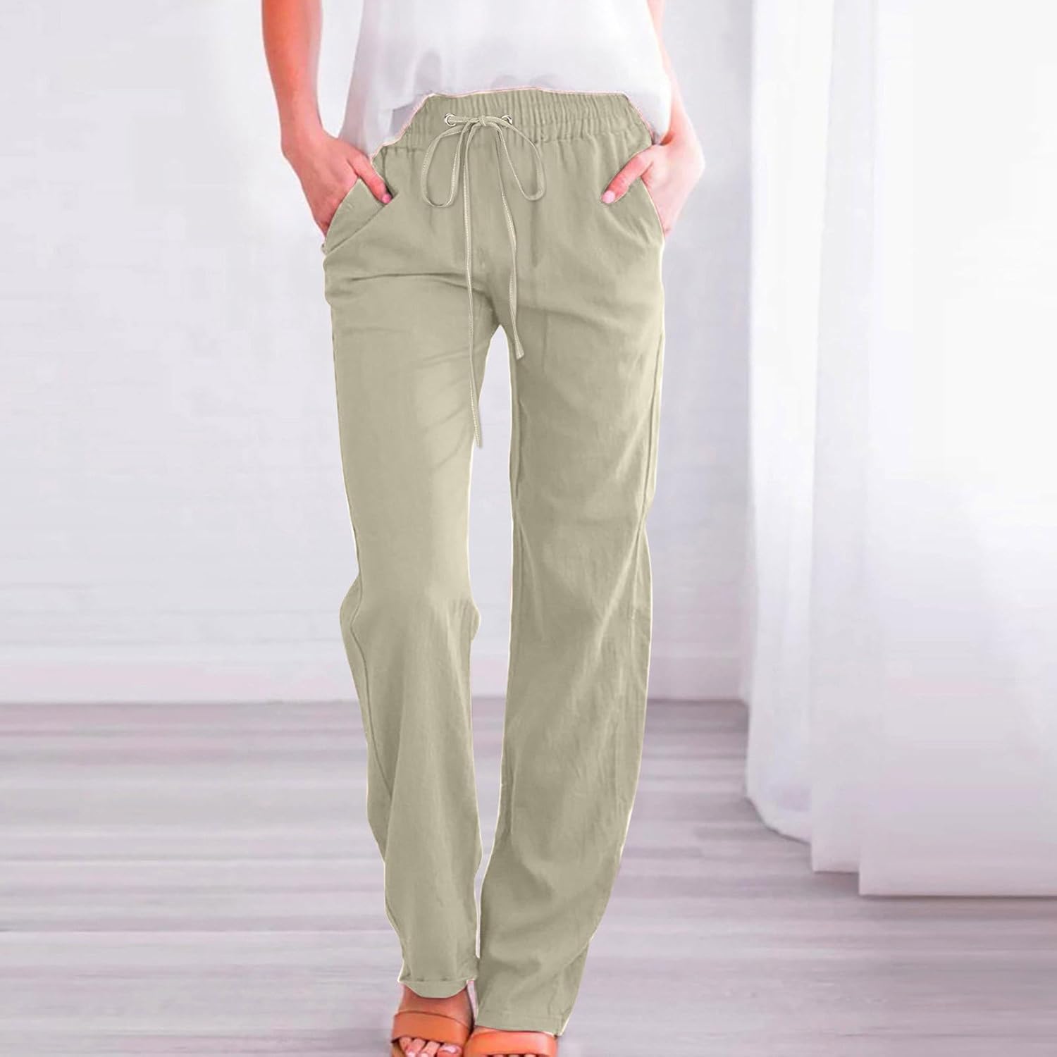 Générique Pantalon Lin Femme été Fluide é Décontractés Pantalons Casual Confortable Jogging Plage Rétro Pants Taille Elastique Pantalon avec Poches Beige XL