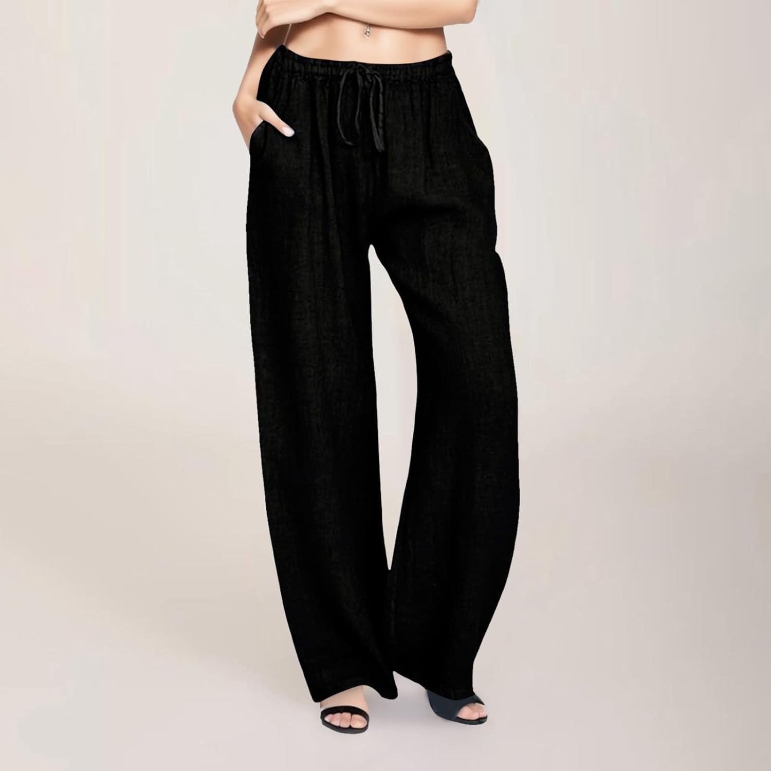 Générique Pantalon Femme Été Lin Taille Haute Elastique Cordon Léger Fluide Souple Décontracté Palazzo Jambe Large Mode Rétro Plage Chic et Élégant avec Poches A00-noir L