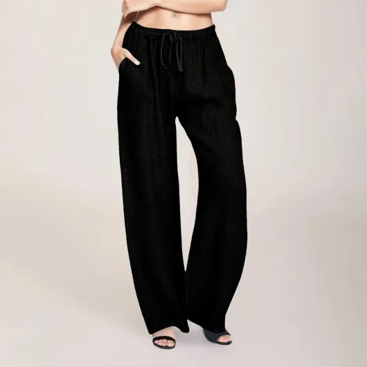 Générique Pantalon Femme Été Lin Taille Haute Elastique Cordon Léger Fluide Souple Décontracté Palazzo Jambe Large Mode Rétro Plage Chic et Élégant avec Poches A00-noir L