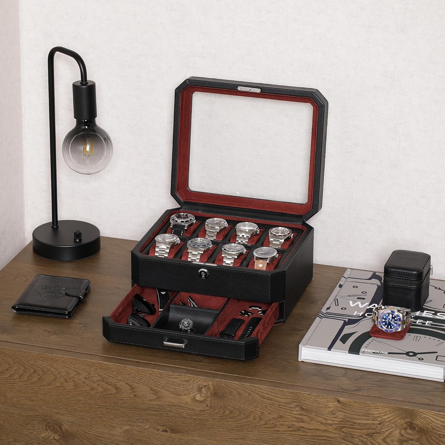 ROTHWELL Boîte à montres en cuir 8 emplacements Tiroir de valet Présentoir verrouillable Dessus en verre véritable Bijoux luxes pour homme et femme 8 Emplacements - Noir/Rouge