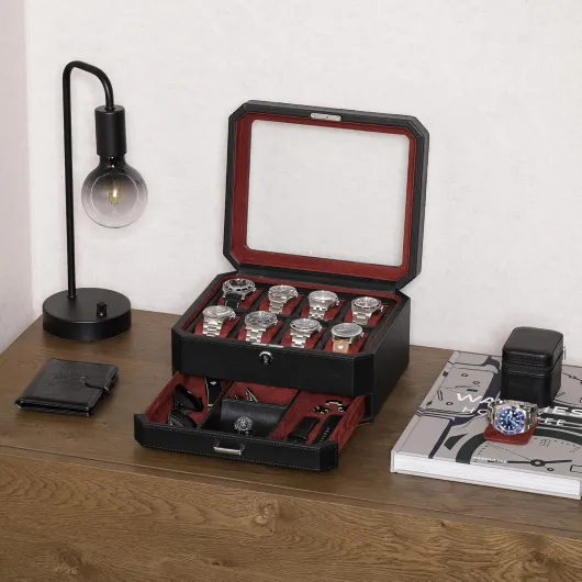ROTHWELL Boîte à montres en cuir 8 emplacements Tiroir de valet Présentoir verrouillable Dessus en verre véritable Bijoux luxes pour homme et femme 8 Emplacements - Noir/Rouge