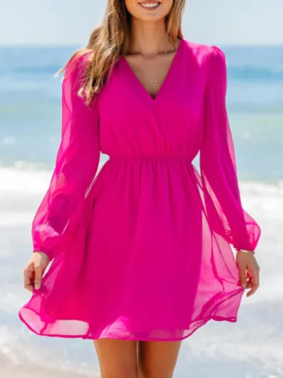 Mini robe d'été à volants pour femme, avec col en V, manches longues, taille élastique, coupe fluide et décontractée M Rose Vif