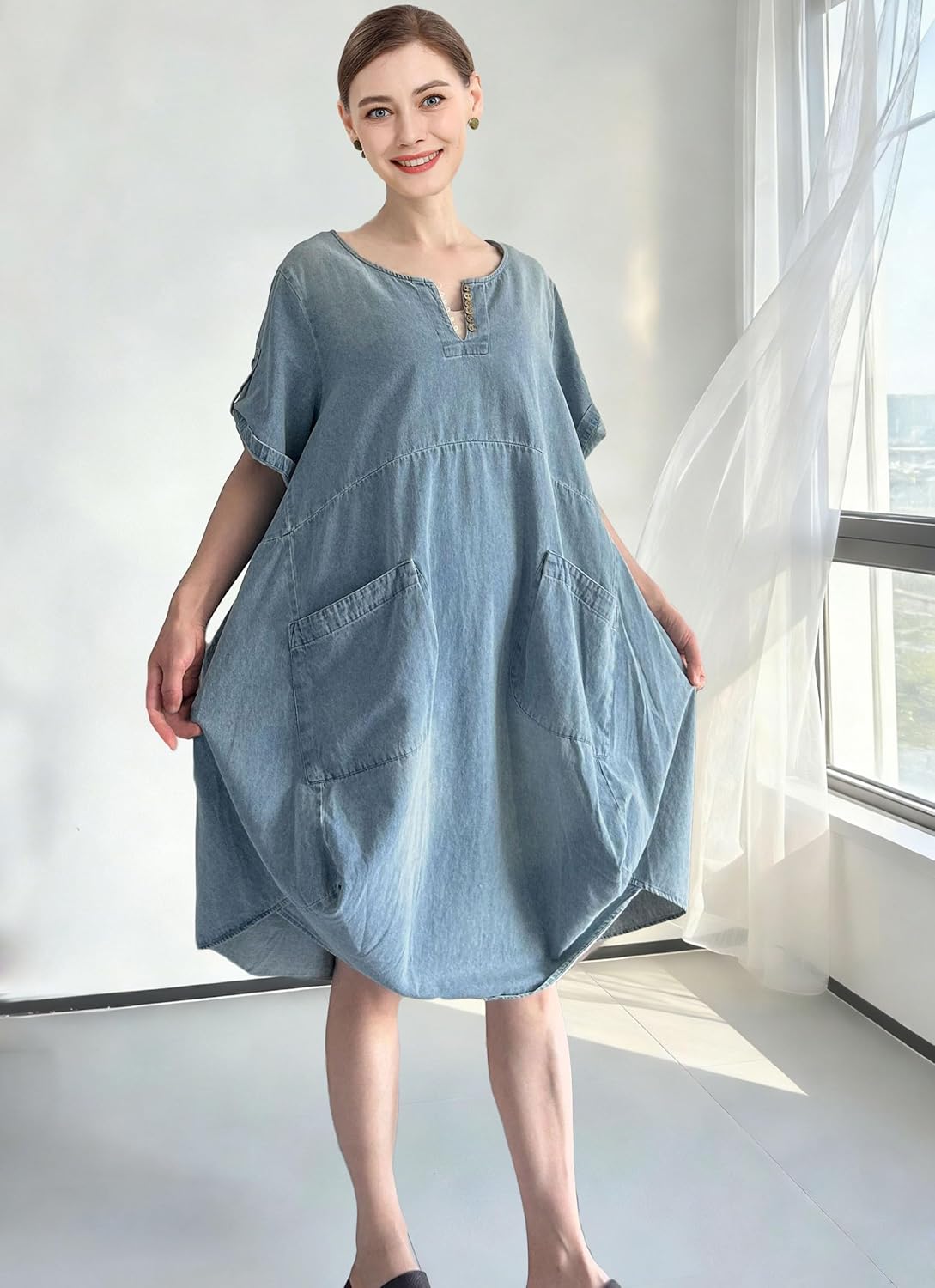 Femme T-Shirt Robe Manches Courtes Lin Coton Tunique Ample Casuel avec Grande Poches L Bleu Denim Clair