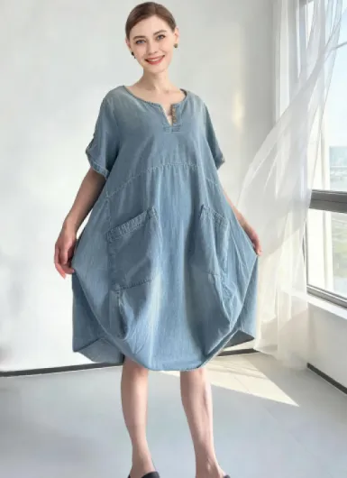 Femme T-Shirt Robe Manches Courtes Lin Coton Tunique Ample Casuel avec Grande Poches L Bleu Denim Clair