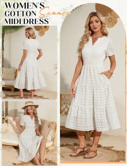Robe d'été pour Femme Chic Et Elegant Longue Robes Manches Courtes Col en V Coton Robe Plage Décontracté Boheme avec Poches Blanc XL