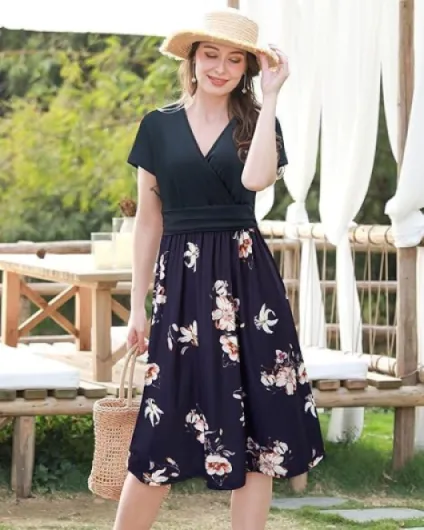 STYLEWORD Robe d'été à Manches Courtes pour Femme Robe d'été à col en V Floral Wrap Taille Robe décontractée avec Poches M Floral05