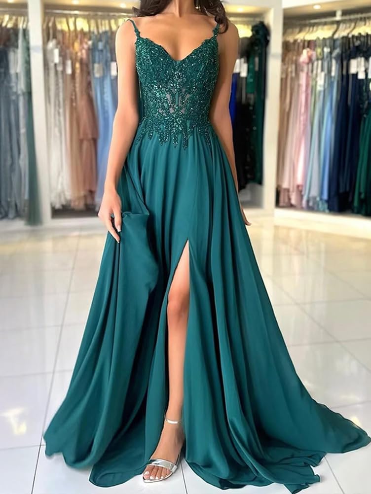 Shownicer Robe De Soiree Femme Chic et Elegant Robe Mariage Invitée Bal Robes Dentelles Florales en Mousseline De Soie Bretelles Fente 46 A Vert1