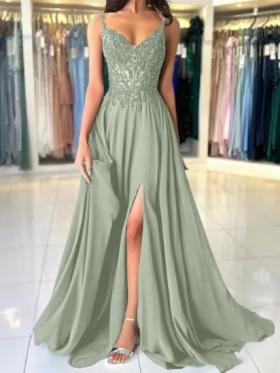 Shownicer Robe De Soiree Femme Chic et Elegant Robe Mariage Invitée Bal Robes Dentelles Florales en Mousseline De Soie Bretelles Fente 40 A Vert4