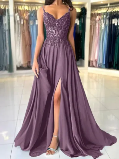 Shownicer Robe De Soiree Femme Chic et Elegant Robe Mariage Invitée Bal Robes Dentelles Florales en Mousseline De Soie Bretelles Fente 42 A Violet