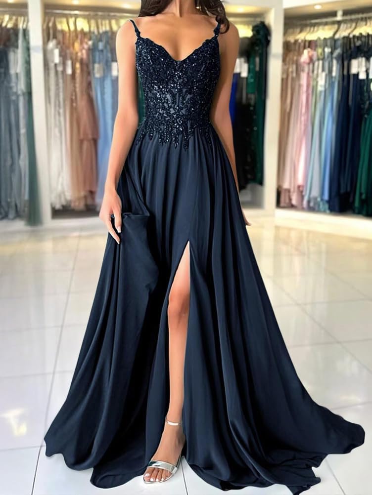 Shownicer Robe De Soiree Femme Chic et Elegant Robe Mariage Invitée Bal Robes Dentelles Florales en Mousseline De Soie Bretelles Fente 36 A Bleu Foncé