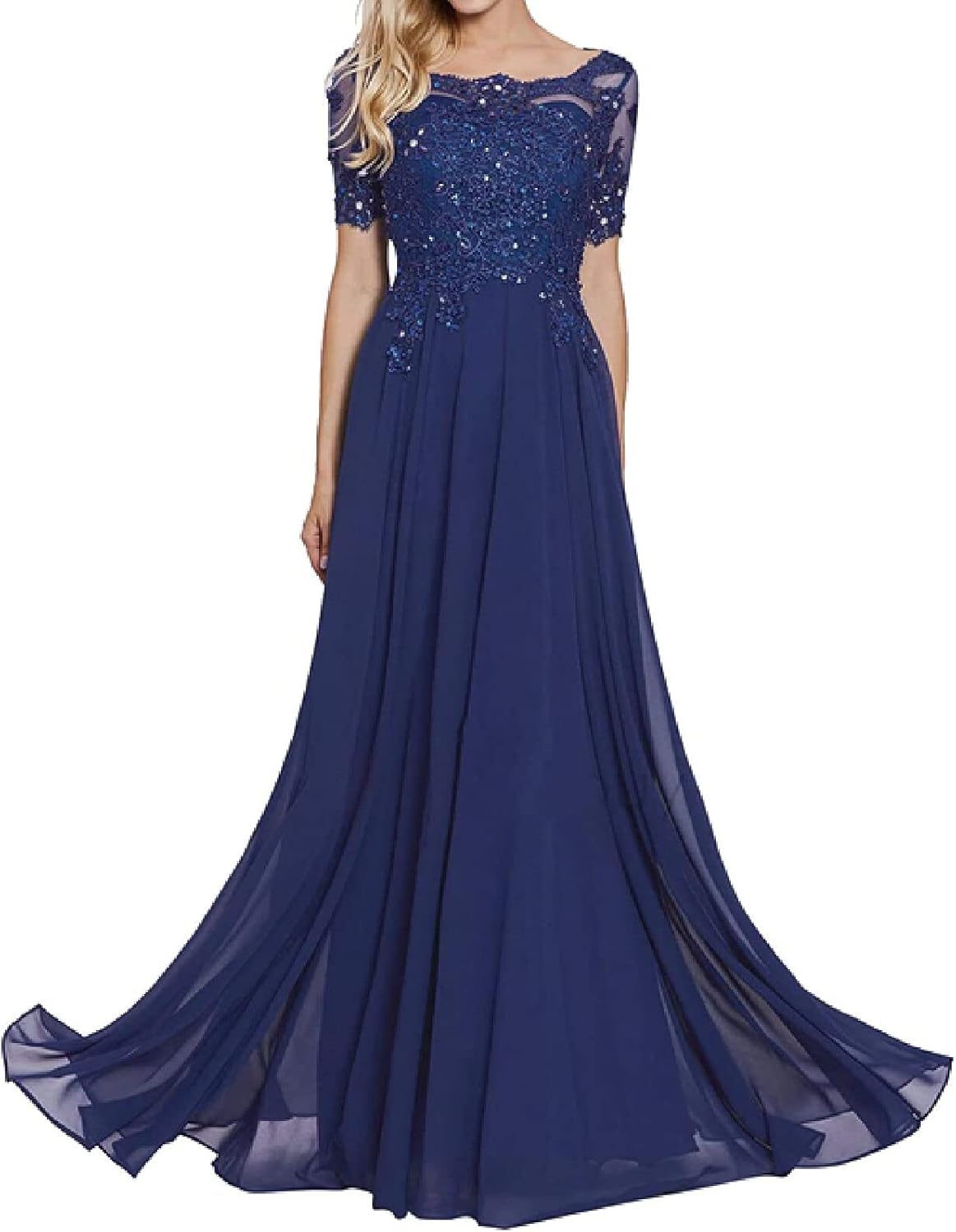 Robe de Soirée Dentelle pour Mariée, Manches Courtes, Épaule Dénudées - Bleu Marine, Taille 42 42 Dunkelblau