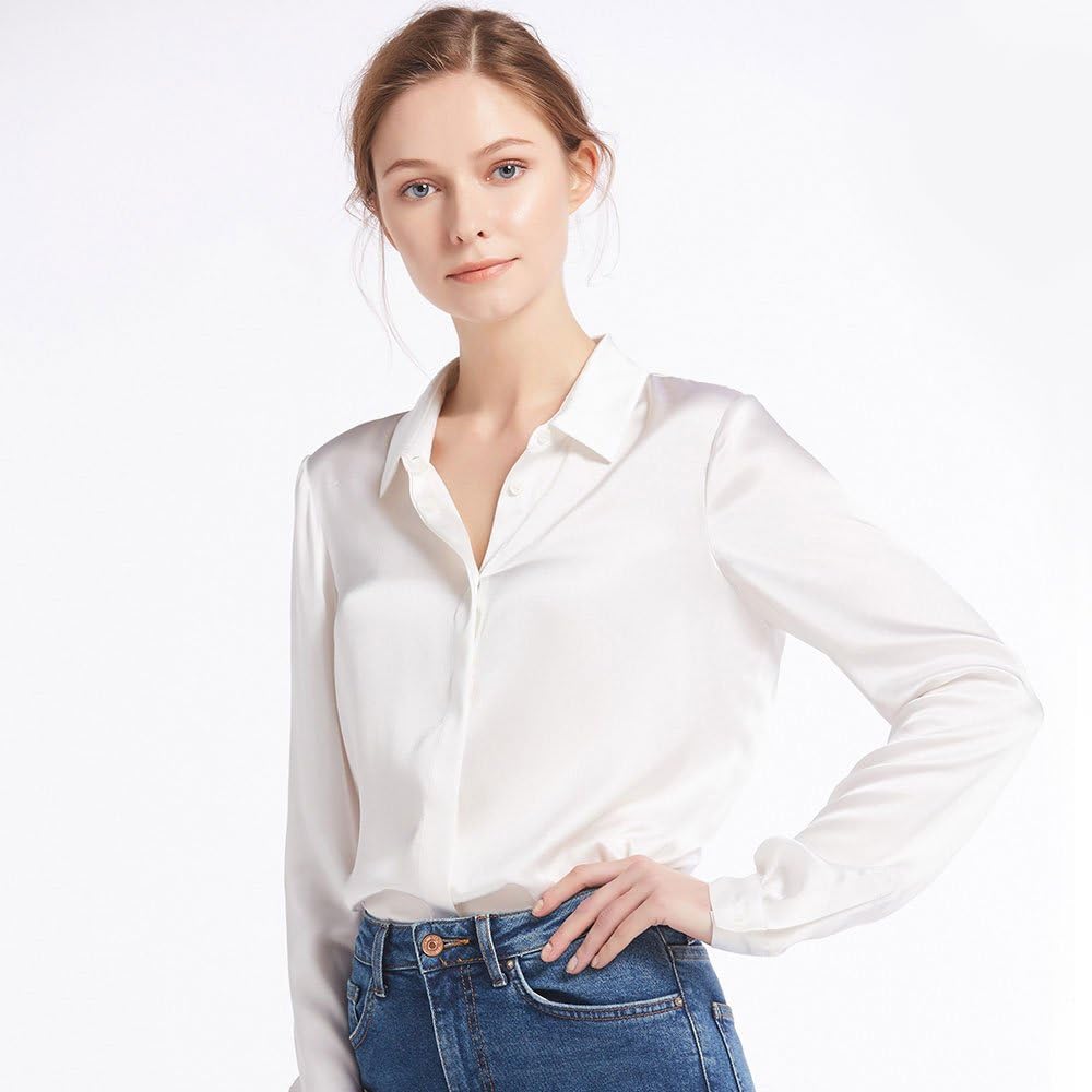 Chemise Basique Femme en Soie Chemisier Fluide Uni Top Manches Longues Coupe Classique Confortable Blouse Féminin Décontracté 22 Momme M Blanc Brillant