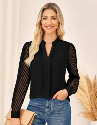 Femme Business Élégant V-Coupe Hauts Dentelle Manches Transparentes Bureau Blouse M Noir