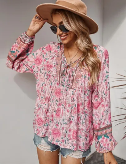 Chemisier pour Femme élégant décontracté Style bohème col en V Motif Floral Tunique Ample à Manches Longues été Rose XXL