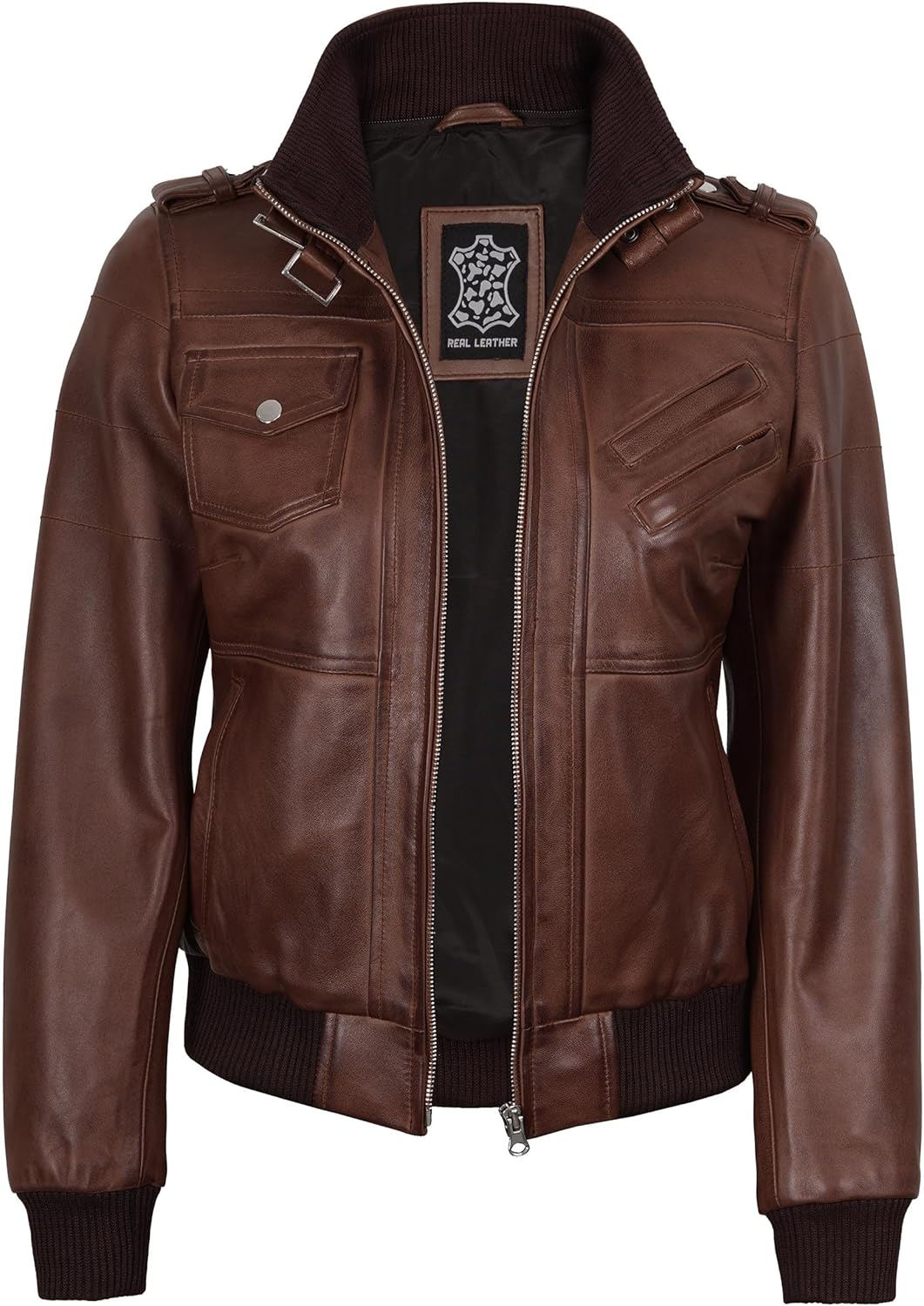 Fjackets Veste en cuir pour femme - Veste en cuir d'agneau véritable pour femme avec capuche amovible XL Edinburgh Cognac Veste en cuir pour femme