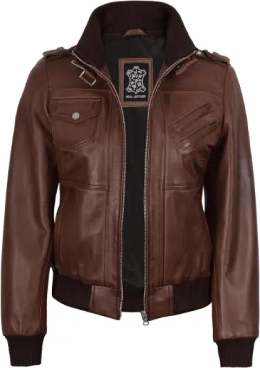 Fjackets Veste en cuir pour femme - Veste en cuir d'agneau véritable pour femme avec capuche amovible XL Edinburgh Cognac Veste en cuir pour femme