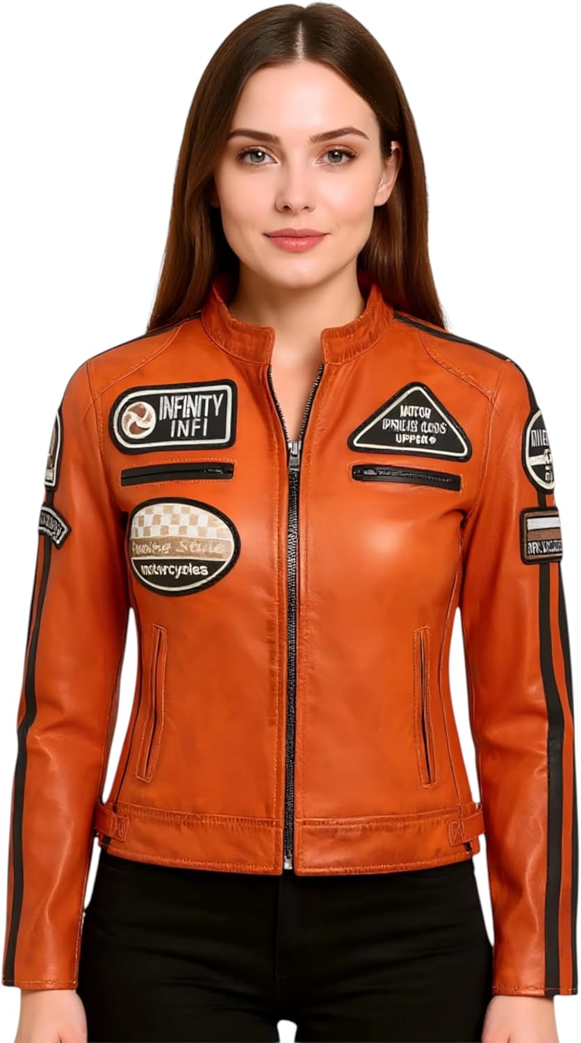 Femmes cuir Décontracté Veste de moto de course avec badges M Orange