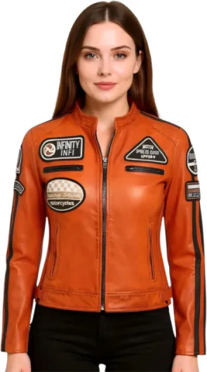 Femmes cuir Décontracté Veste de moto de course avec badges M Orange