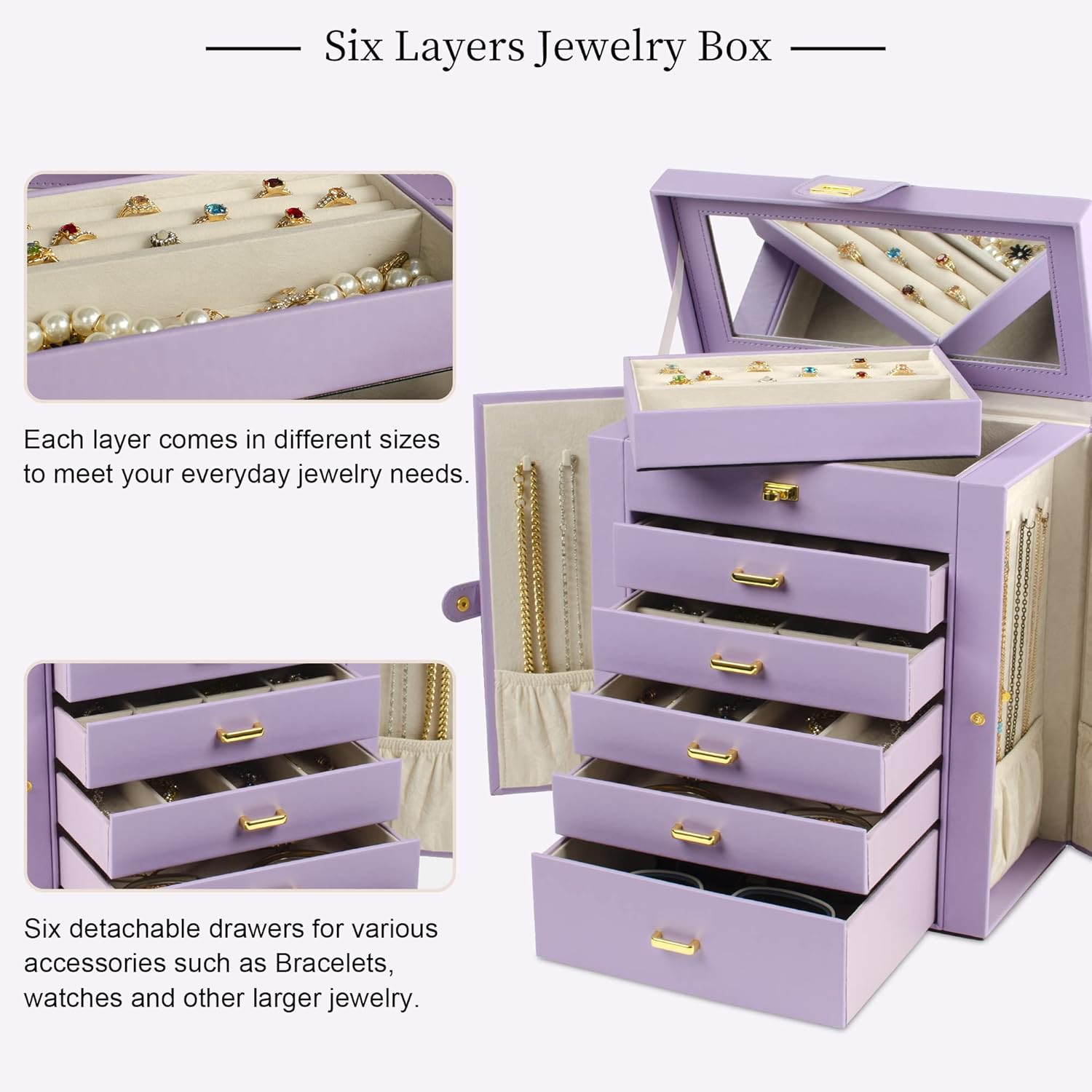 AKOZLIN Grande boîte à bijoux fonctionnelle et verrouillable avec grand miroir pour femmes et filles, coffret de rangement en cuir pour bagues, colliers, boucles d'oreilles, bracelets, violet Violet Large