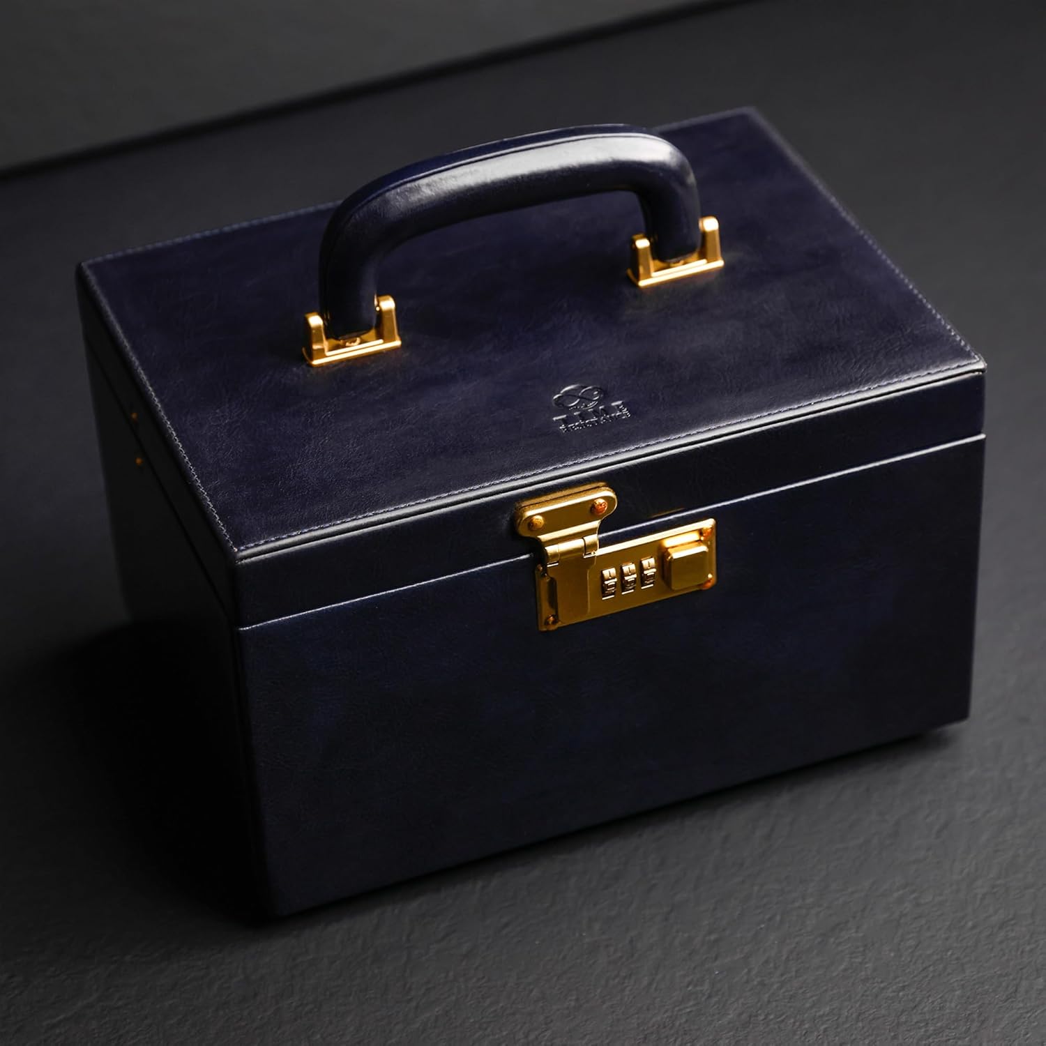 Boîte à bijoux en cuir - Organiseur de bijoux en cuir pleine fleur - Boîte de rangement pour accessoires marron avec serrure à clé pour femme (bleu)