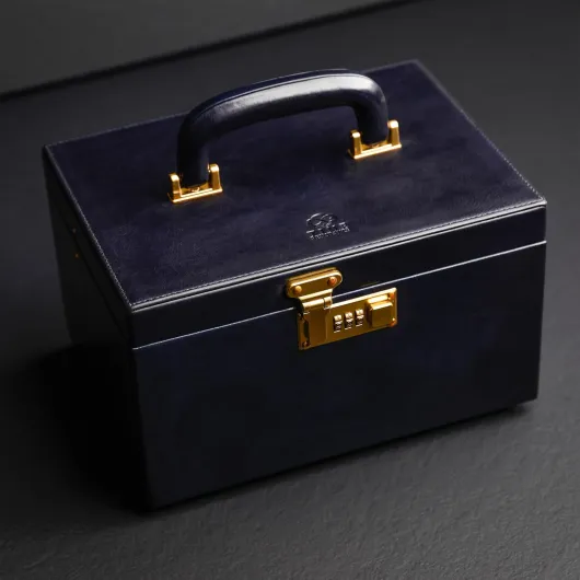 Boîte à bijoux en cuir - Organiseur de bijoux en cuir pleine fleur - Boîte de rangement pour accessoires marron avec serrure à clé pour femme (bleu)