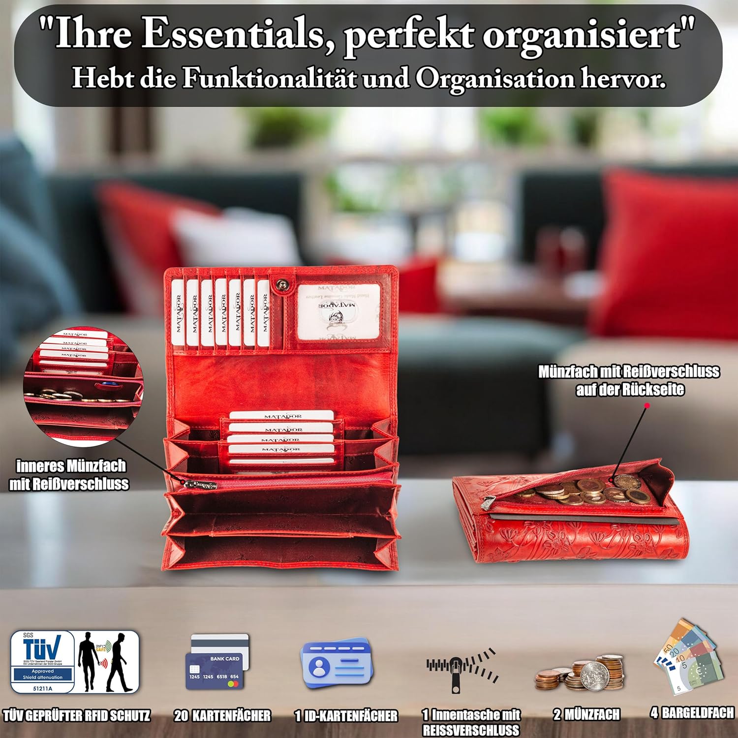 Budapest XL Porte-monnaie en Cuir pour Femme avec Boîte Cadeau - Grand Portefeuille avec Bloqueur RFID - Fleurs Rouge