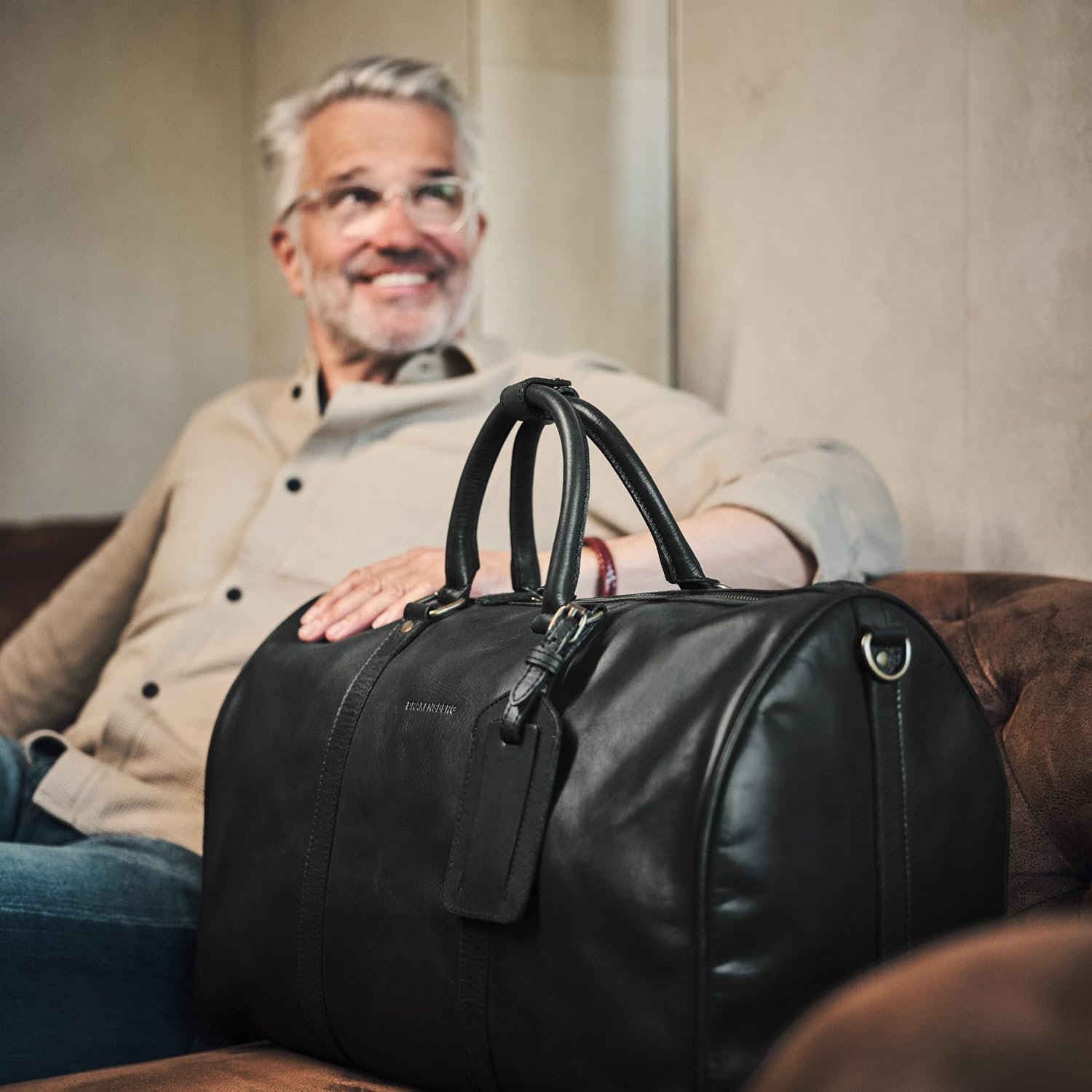 Weekender John Sac de voyage élégant en cuir pour homme et femme, adapté aux bagages à main, 40 l Noir