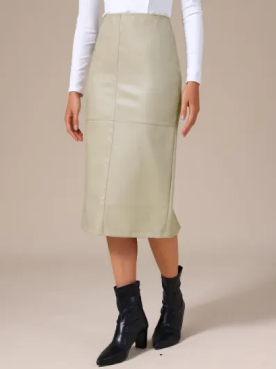 Jupe midi en cuir synthétique pour femme - Taille haute - Dos fendu - Jupe crayon moulante S Beige
