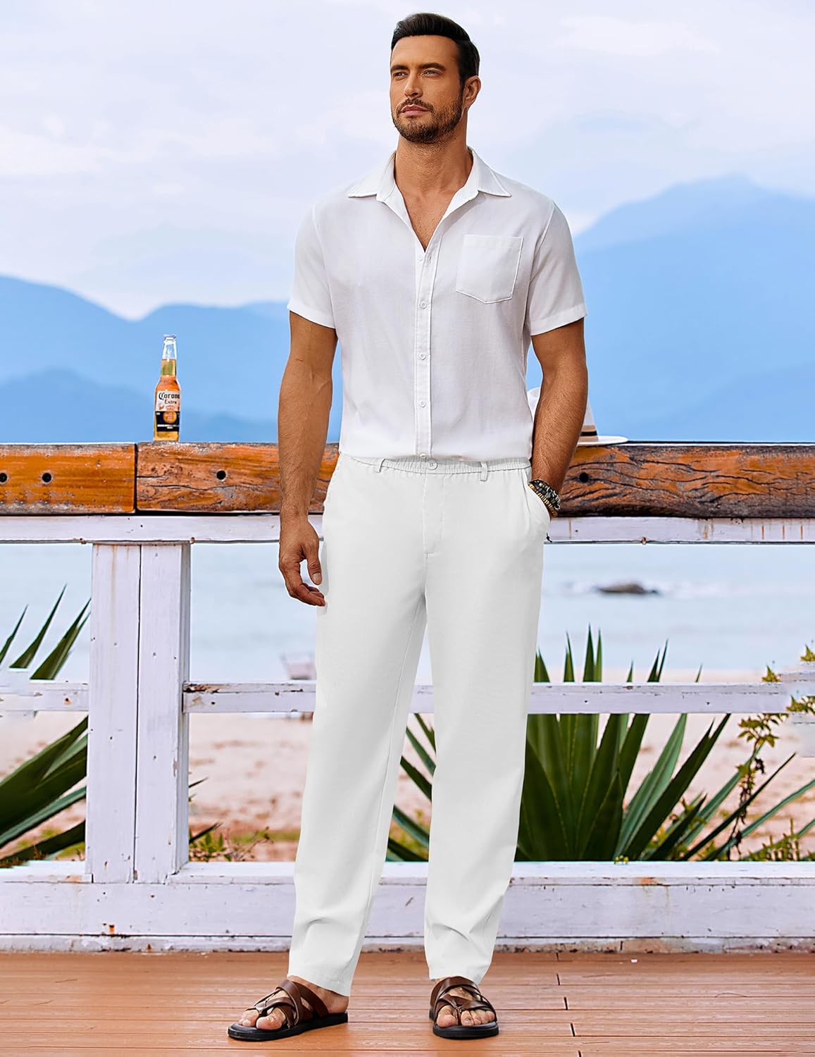 Pantalon Homme en Lin Léger Pantalon d'été Décontracté Pantalons de Plage Uni avec Poches Taille Elastique Blanc L