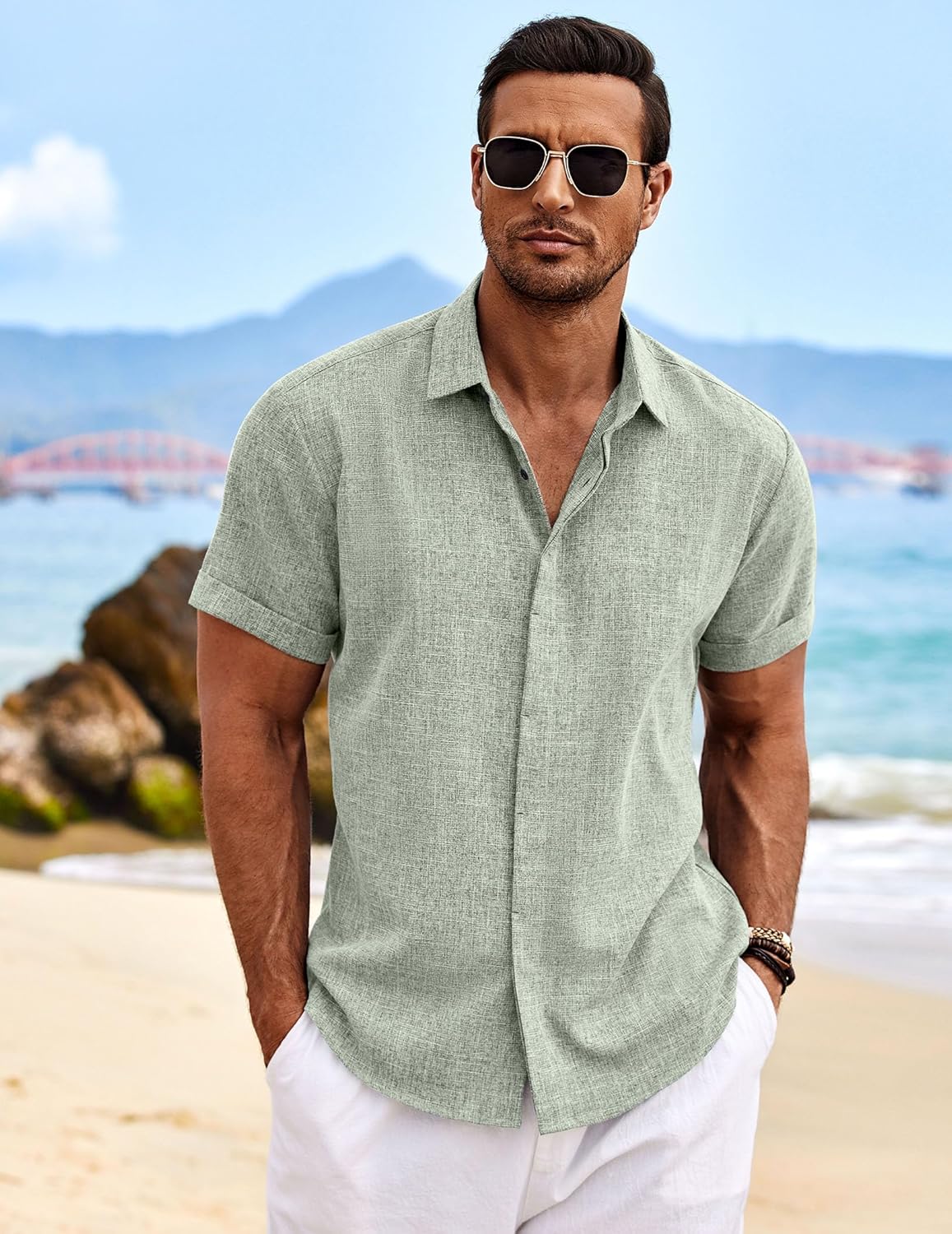 Chemise en Lin pour Hommes Chemise à Manches Courtes Boutonnée Coupe régulière Chemises décontractées Chemise d'été en Lin de Plage XL Vert Clair