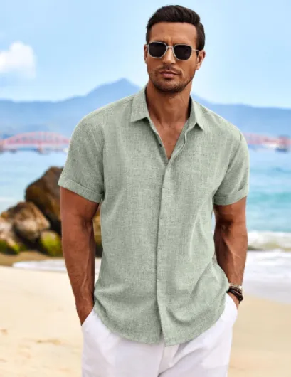 Chemise en Lin pour Hommes Chemise à Manches Courtes Boutonnée Coupe régulière Chemises décontractées Chemise d'été en Lin de Plage XL Vert Clair