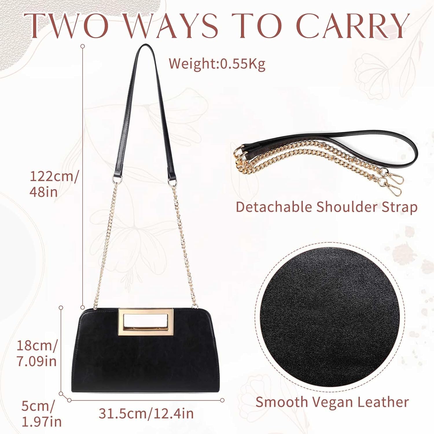 Pochettes et Clutches Femme, Élégant Sac a Main Femme Bandoulière à Poignée Découpée en Cuir PU avec Chaîne pour Mariage Soirée Parti Noir