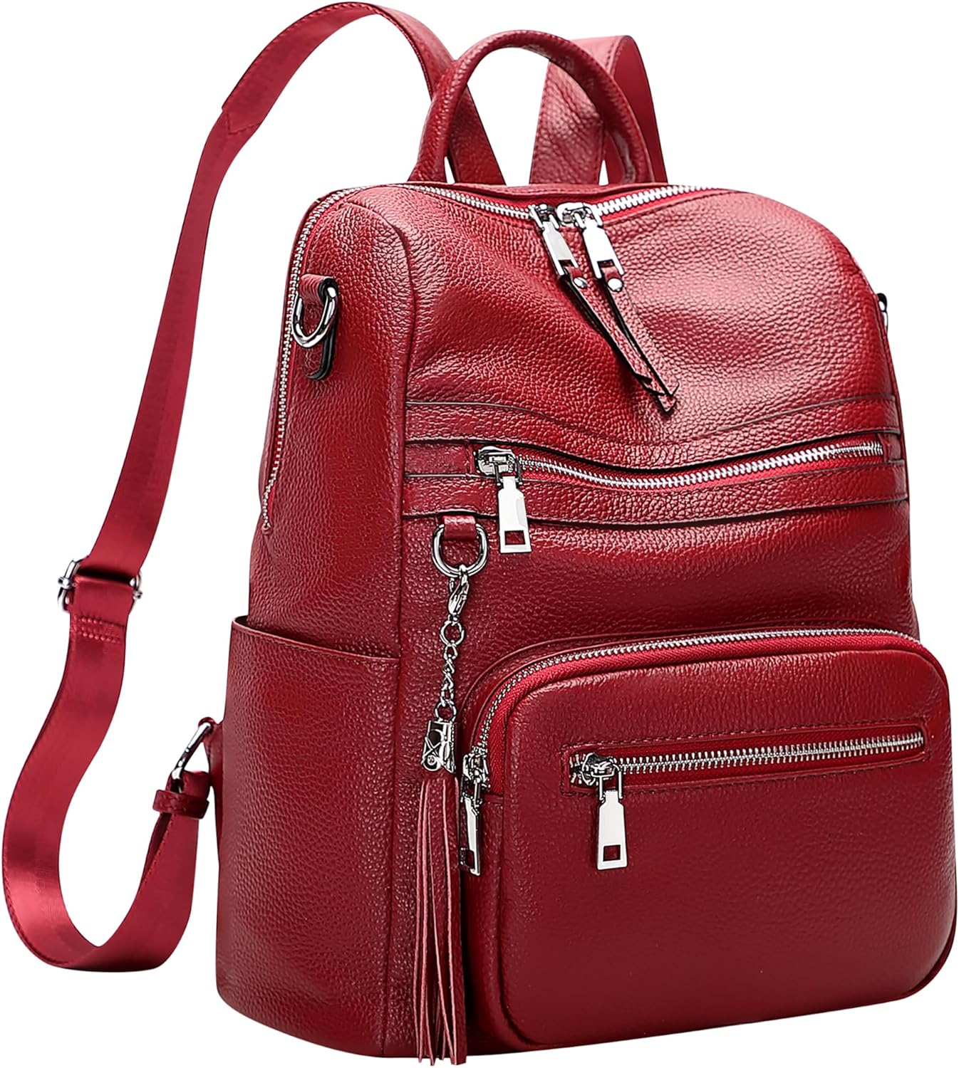 Sac a Dos Femme Cuir Veritable Grand Élégant Sac à Bandoulière Avec Compartiment Pour Ordinateur Portable Poches Multiples Wine Red