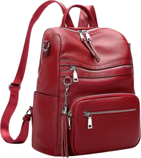 Sac a Dos Femme Cuir Veritable Grand Élégant Sac à Bandoulière Avec Compartiment Pour Ordinateur Portable Poches Multiples Wine Red